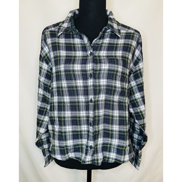 AMERICAN EAGLE Flannel Patch Elbows Semi Crop Plaid Button Up Women's MEDIUM NWT - Picture 1 of 11